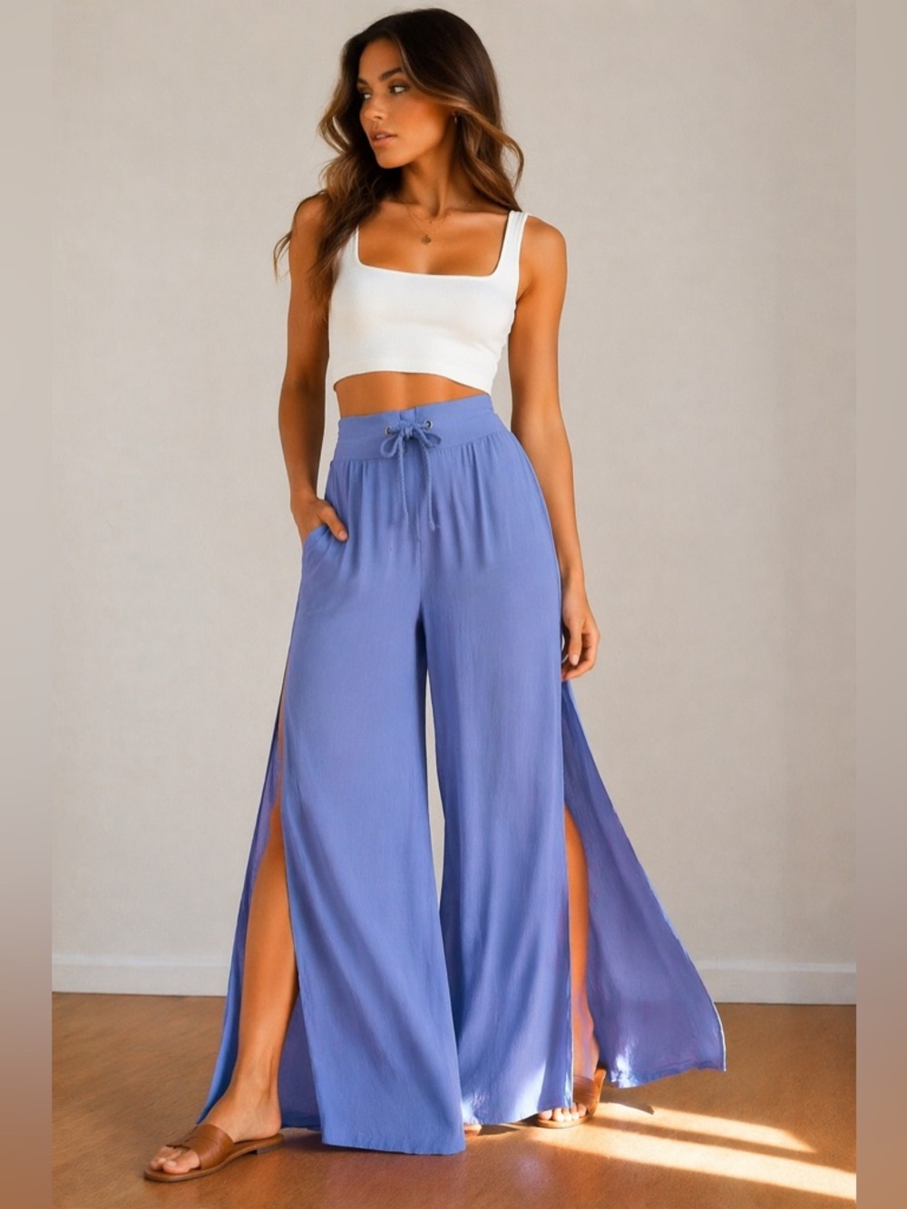 Show Me Your MumuWide Leg Pants High Waisted Drawstring Slit Palazzo Pants